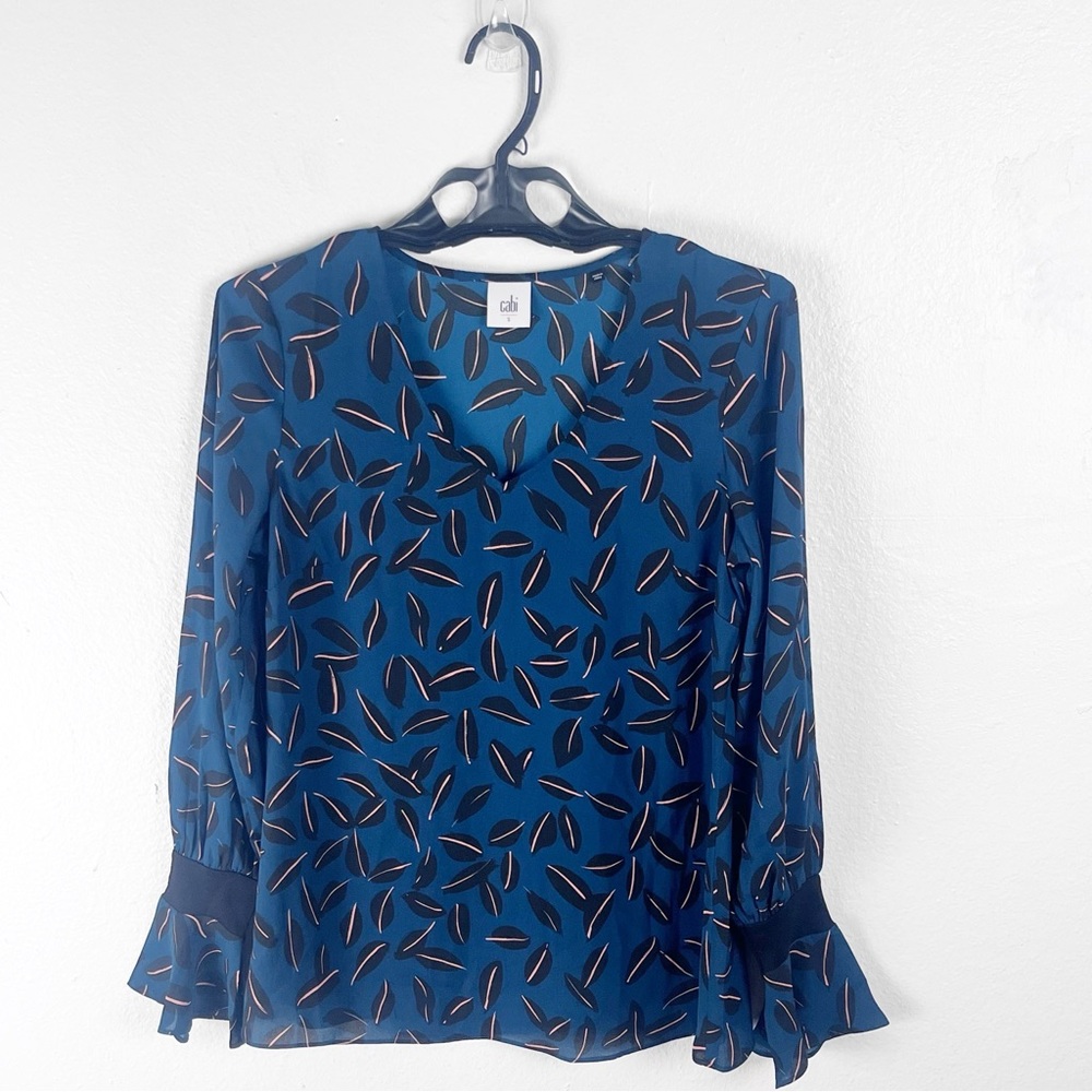 CABI Shadow Leaf Long Cuff Sleeves Sheer Career Office Blouse #3763, Size Small